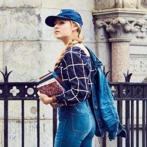 J. CREW Navy Square Neck Navy & White Penny Top